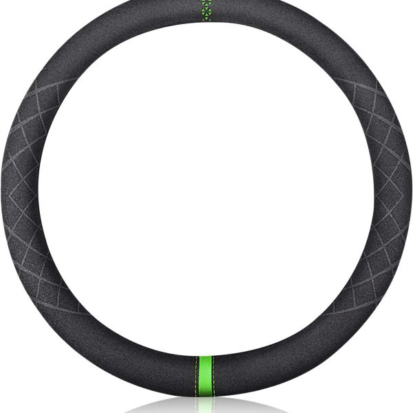 Sport Microfiber Suede Velvet Car Steering Wheel Cover Non-Slip Car Steering Wheel Protector Winter Warm Universal for Diameter 38cm(15") (Black Green)