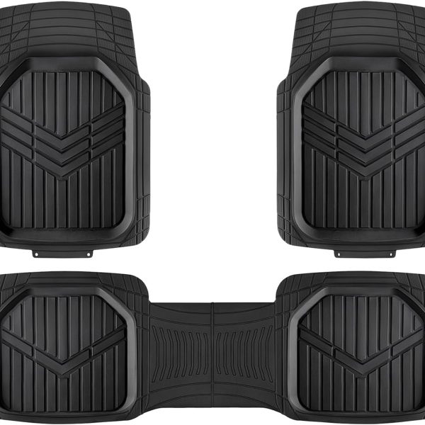 3-Piece All-Weather Heavy Duty, Full Set Rubber Floor Mats for Universal Fit in Cars, SUVs, and Trucks, Black, Trim to Customize