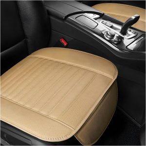 2 PCS Car Seat Covers for Front Seats, Breathable Leather Cushion Protector, Anti-Slip Driver Seat Padded with Storage Pockets, Universal Car Accessories for Most Cars, SUVs (Beige)