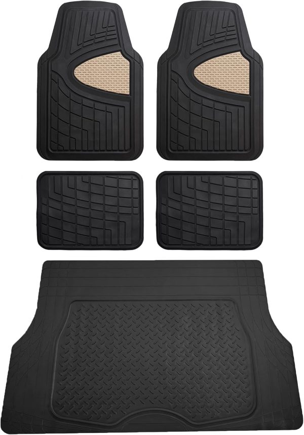 Tall Channel Trimmable All Weather Rubber Full Set Car Floor Mats (Beige) w. Trimmable All-Season Cargo Liner (Black) - Universal Fit for Cars Trucks and SUVs