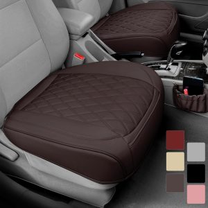2 Pack Leather Front Car Seat Cover Bottom Car Seat, Anti-Slip and Full Wrap Driver Seat Protectors with Storage Pocket, Luxury Waterproof Bottom Auto Seat Cushion Pad Mat for Most Vehicles(Coffee)