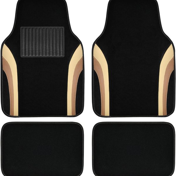 Beige Leather Car Floor Mats, Sporty Waterproof Car Carpet,Universal Automotive Floor Mats Fit for Sedans, Cars, Mid Trucks, Vans, , Set of 4 (Black and Beige)