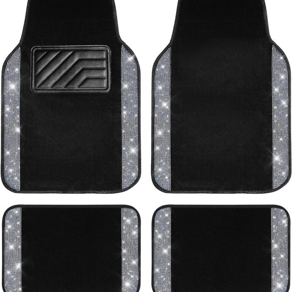 Car Floor Mats, Shining Rhinestone Carpet Sparkly Glitter Crystal with Anti-Slip PVC Heel Pad Waterproof Universal Fit Automotive SUV,Sedan,Van,Cute Girl Women,4pcs Black Sliver