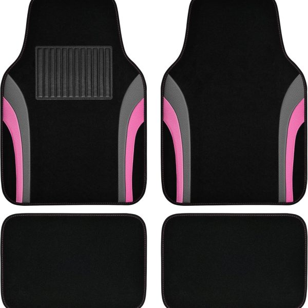 Leather Sporty Car Floor Mats Carpet, Universal Waterproof Automotive Floor Mat Fit for Sedans, Cars, Mid Trucks, Vans, , Set of 4 (Black and Pink)